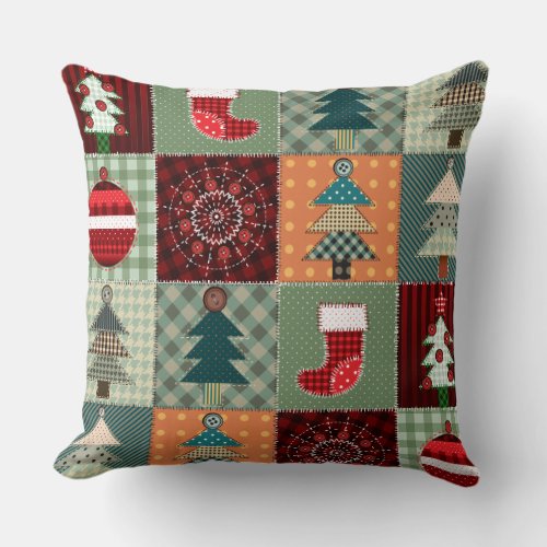 Old Fashioned Country Christmas Patchwork Throw Pillow