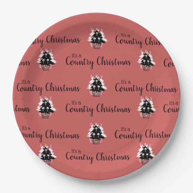 Old Fashioned Country Christmas Trees Red Paper Plates (Front)