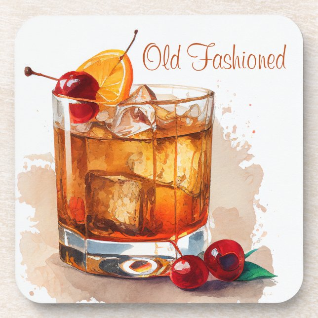 Old Fashioned Drink With Cherries and Orange  Beverage Coaster (Front)