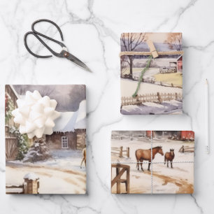 Old Fashioned Farm Winter Scenes Wrapping Paper Sheets