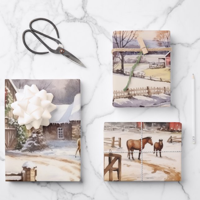 Old Fashioned Farm Winter Scenes Wrapping Paper Sheets (Front)