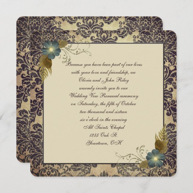 Old-fashioned floral bouquet on damask frame invitation (Front/Back)