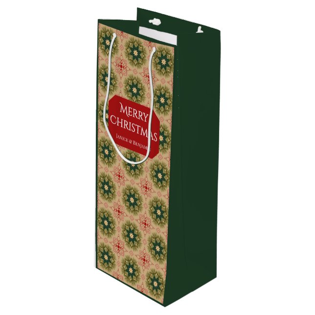 Old-fashioned Green Pine Red Lace Christmas  Wine Gift Bag (Front Angled)