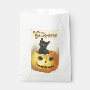 Old-fashioned Halloween, Black cat on Pumpkin Favor Bag