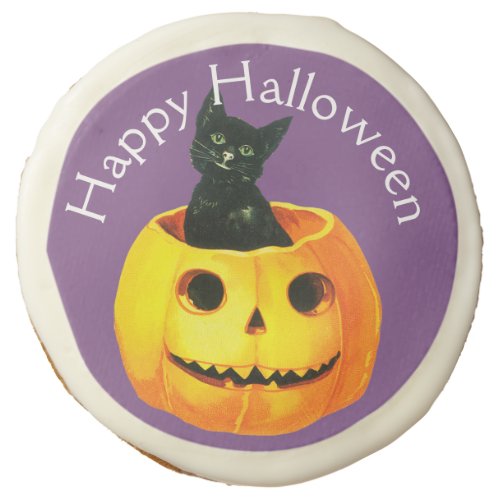 Old_fashioned Halloween Black cat on Pumpkin Sugar Cookie