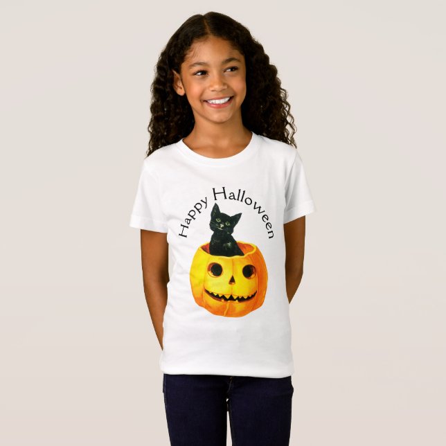 Old-fashioned Halloween, Black cat on Pumpkin T-Shirt (Front Full)
