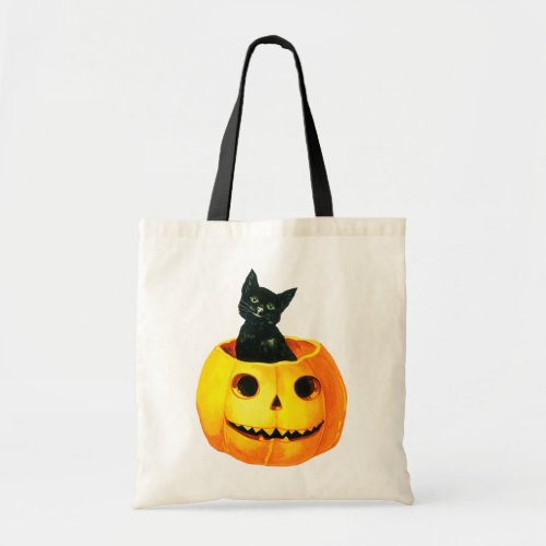 Old_fashioned Halloween Black cat on Pumpkin Tote Bag