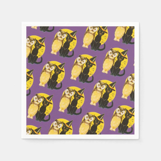 Old-fashioned Halloween, Black cat & Owl Napkins (Front)