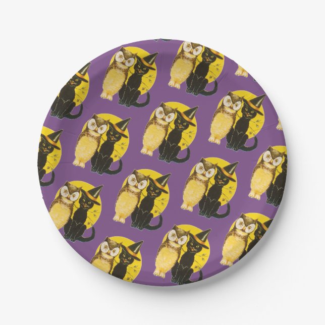Old-fashioned Halloween, Black cat & Owl Paper Plates (Front)