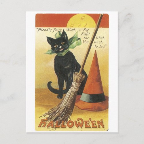 Old_fashioned Halloween Black cat Postcard
