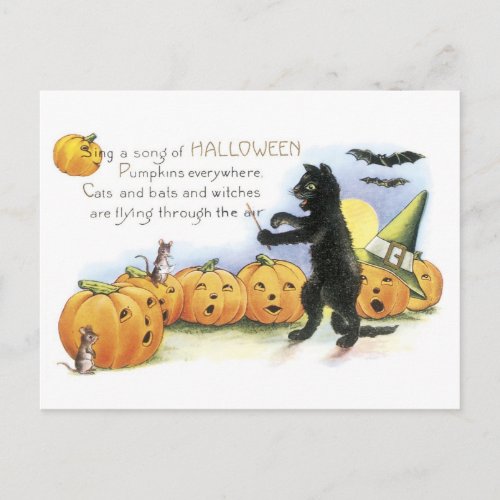 Old_fashioned Halloween Black cat  Pumpkins Postcard