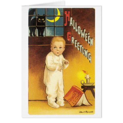 Old-fashioned Halloween, Boy & Black cat Card