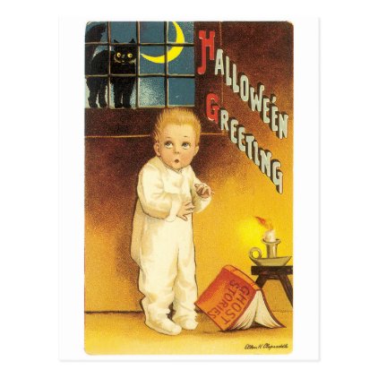 Old-fashioned Halloween, Boy & Black cat Postcard