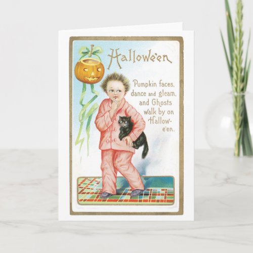 Old_fashioned Halloween Boy holding Black cat Card