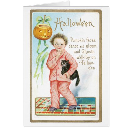 Old-fashioned Halloween, Boy holding Black cat Card