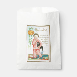 Old-fashioned Halloween, Boy holding Black cat Favor Bag