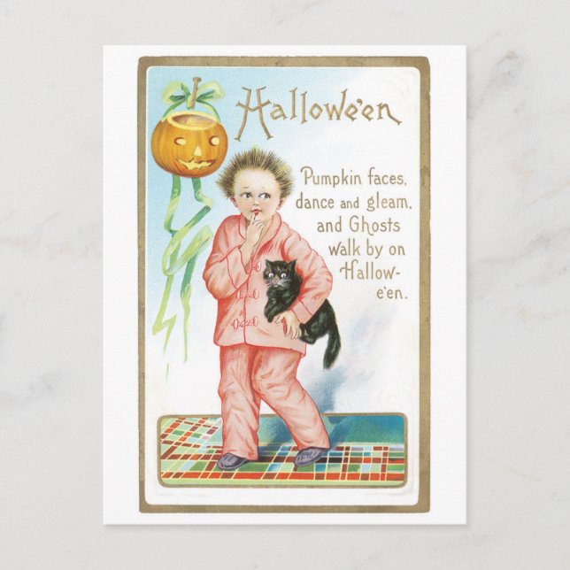 Old-fashioned Halloween, Boy holding Black cat Postcard (Front)