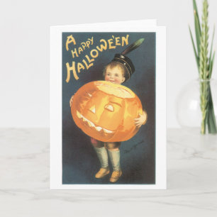 Old-fashioned Halloween, Boy holding Pumpkin Card