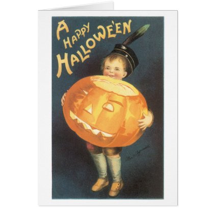 Old-fashioned Halloween, Boy holding Pumpkin Card