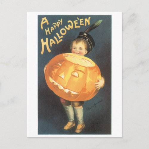 Old_fashioned Halloween Boy holding Pumpkin Postcard