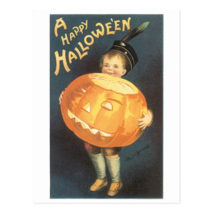 Old-fashioned Halloween, Boy holding Pumpkin Postcard