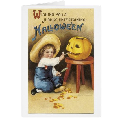 Old-fashioned Halloween, Boy makes Jack-o'-lantern Card