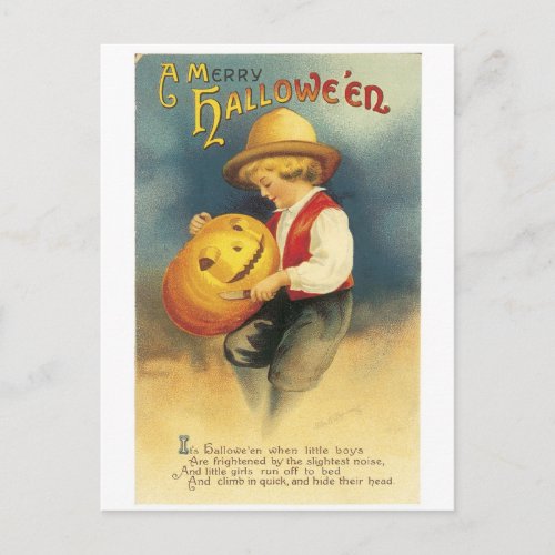 Old_fashioned Halloween Boy makes Jack_o_lantern Postcard