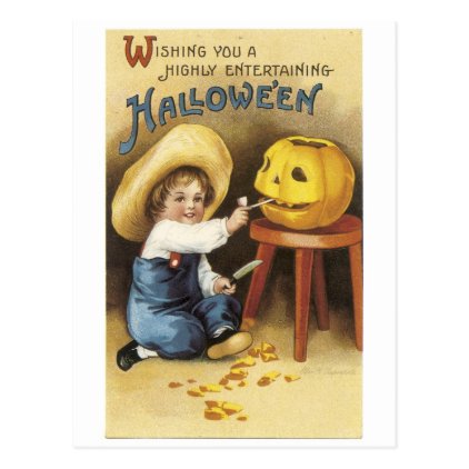 Old-fashioned Halloween, Boy makes Jack-o'-lantern Postcard