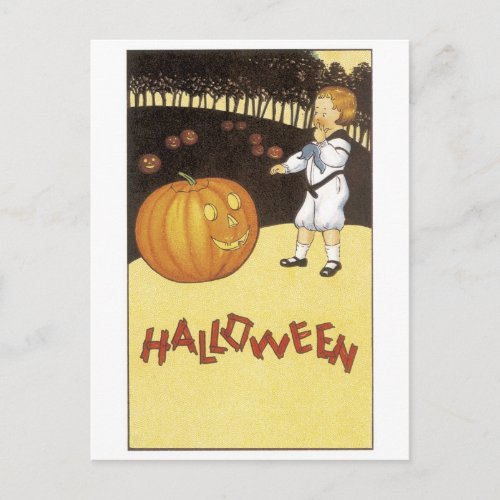 Old_fashioned Halloween Boy meets Jack_o_lantern Postcard