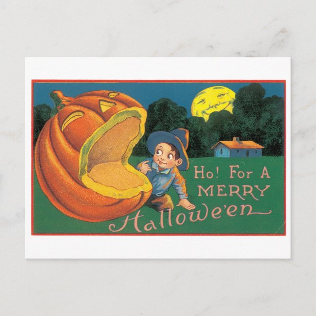 Old-fashioned Halloween, Boy with Jack-o'-lantern Postcard (Front)