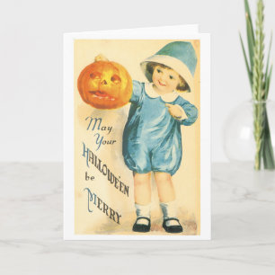 Old-fashioned Halloween, Girl holding Pumpkin Card