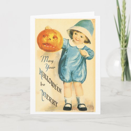 Old_fashioned Halloween Girl holding Pumpkin Card