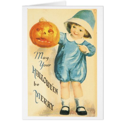 Old-fashioned Halloween, Girl holding Pumpkin Card