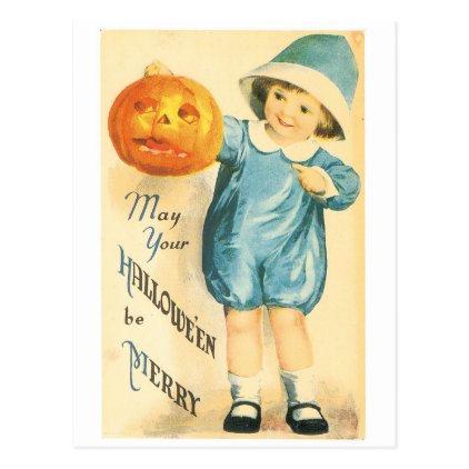 Old-fashioned Halloween, Girl holding Pumpkin Postcard