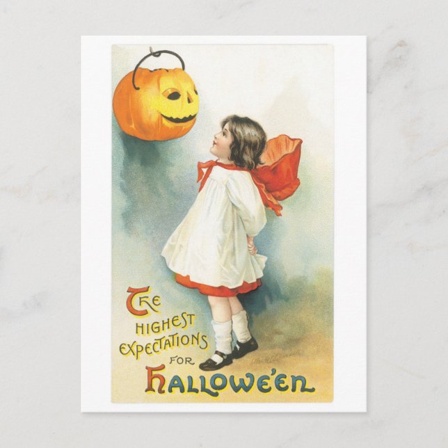 Old-fashioned Halloween, Girl & Jack-o'-lantern Postcard (Front)