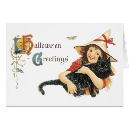 Old-fashioned Halloween, Girl with Black cat Card