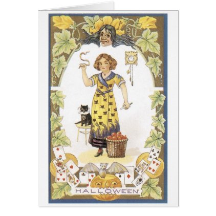 Old-fashioned Halloween, Girl with Black cat Card