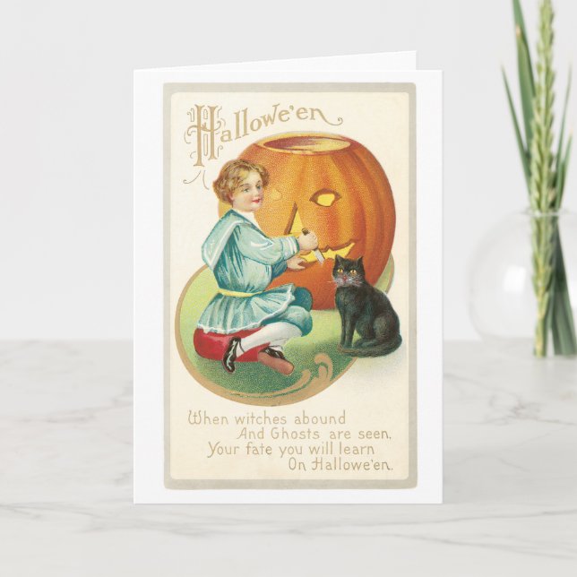 Old-fashioned Halloween, Girl with Black cat Card (Front)