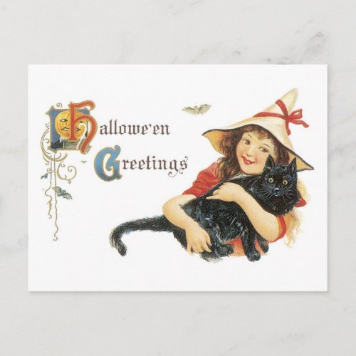 Old_fashioned Halloween Girl with Black cat Postcard