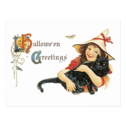 Old-fashioned Halloween, Girl with Black cat Postcard