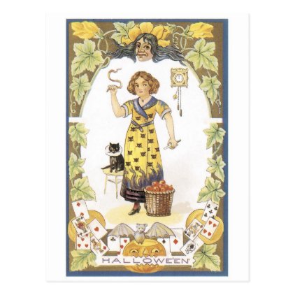 Old-fashioned Halloween, Girl with Black cat Postcard