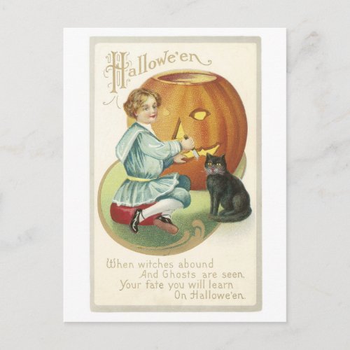 Old_fashioned Halloween Girl with Black cat Postcard