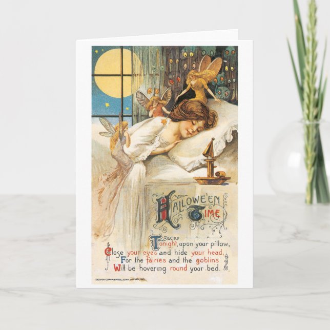 Old-fashioned Halloween, Girl with Fairies Card (Front)