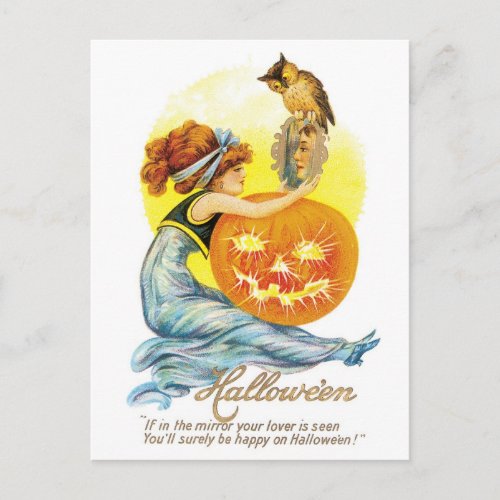 Old_fashioned Halloween Girl with Owl Postcard
