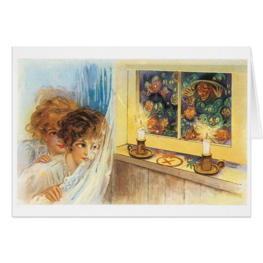 Old-fashioned Halloween, Girls meet Witch Cards (Front Horizontal)