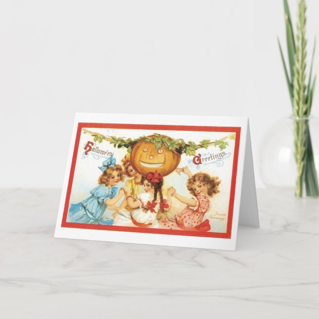 Old-fashioned Halloween, Girls with Pumpkin Card (Front)
