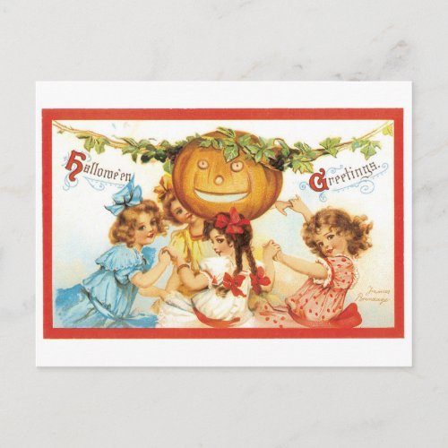 Old_fashioned Halloween Girls with Pumpkin Postcard