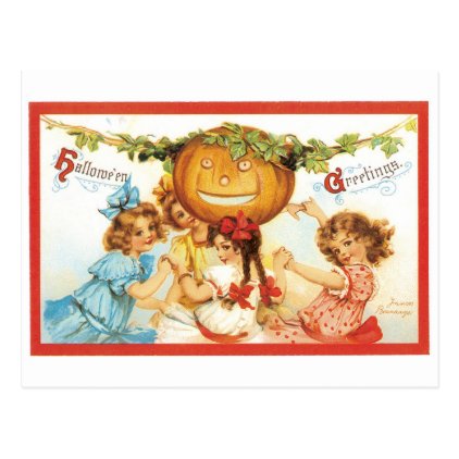 Old-fashioned Halloween, Girls with Pumpkin Postcard