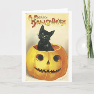 Old-fashioned Halloween Jack-o'-lantern, Black cat Card