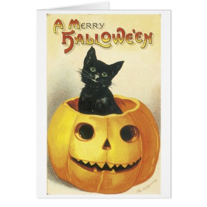 Old-fashioned Halloween Jack-o'-lantern, Black cat Card